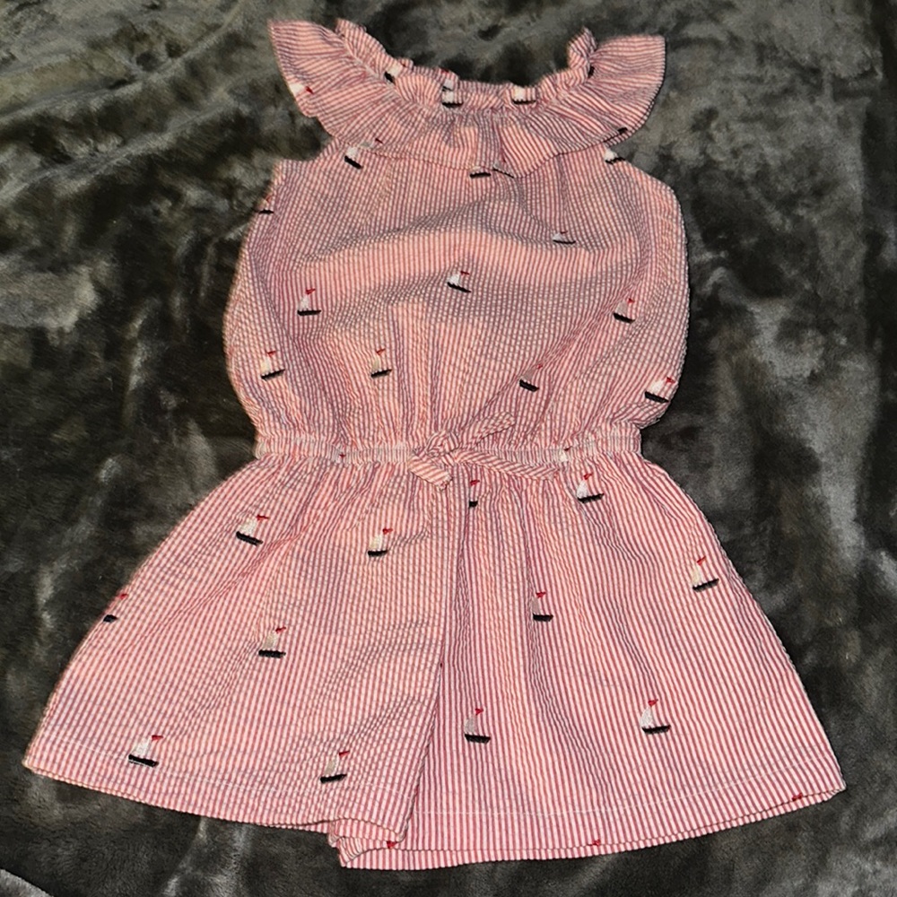 Kelly's Kids Seersucker Sailboat Embroidered Michaela Romper Jumpsuit Girls 5-6